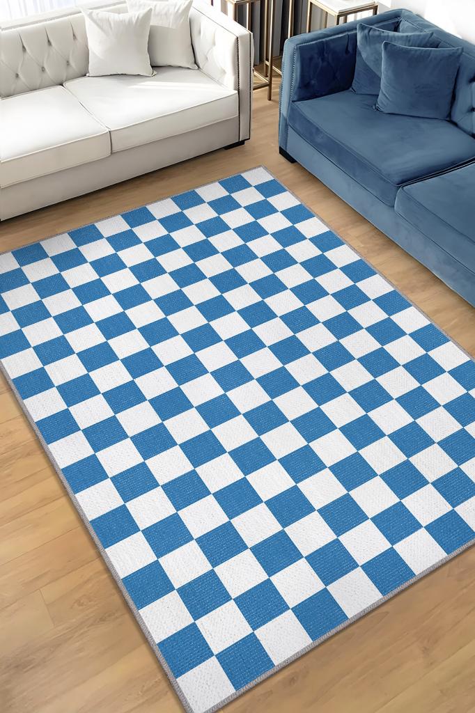 Minimalist Mavi Beyaz Halı Kareli Oturma Odası Halısı Retro Tarzı Salon Halısı