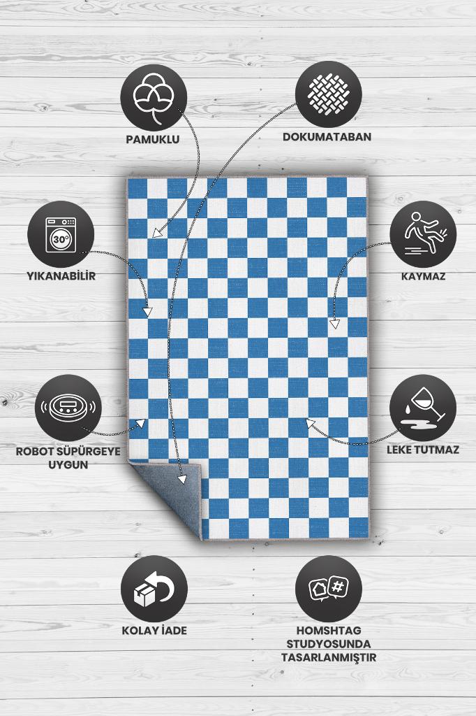 Minimalist Mavi Beyaz Halı Kareli Oturma Odası Halısı Retro Tarzı Salon Halısı