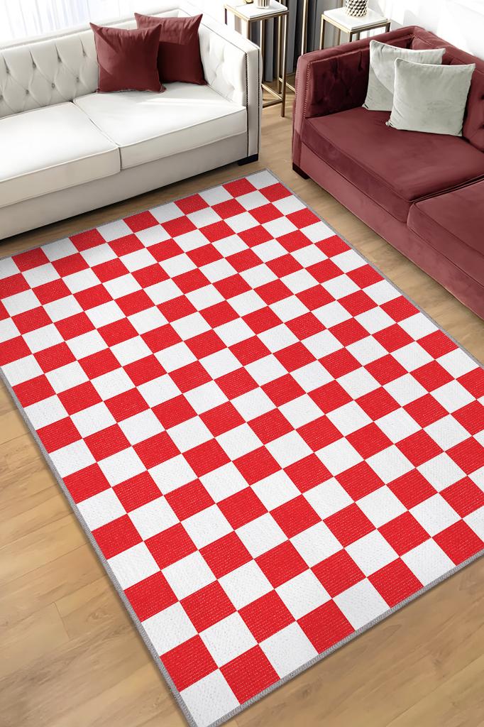 Minimalist Damalı Kırmızı Beyaz Halı Kareli Oturma Odası Halısı Retro Tarzı Salon Halısı