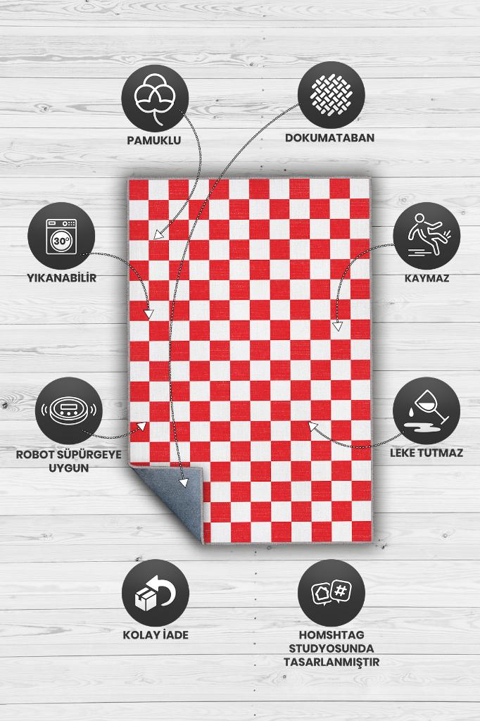 Minimalist Damalı Kırmızı Beyaz Halı Kareli Oturma Odası Halısı Retro Tarzı Salon Halısı