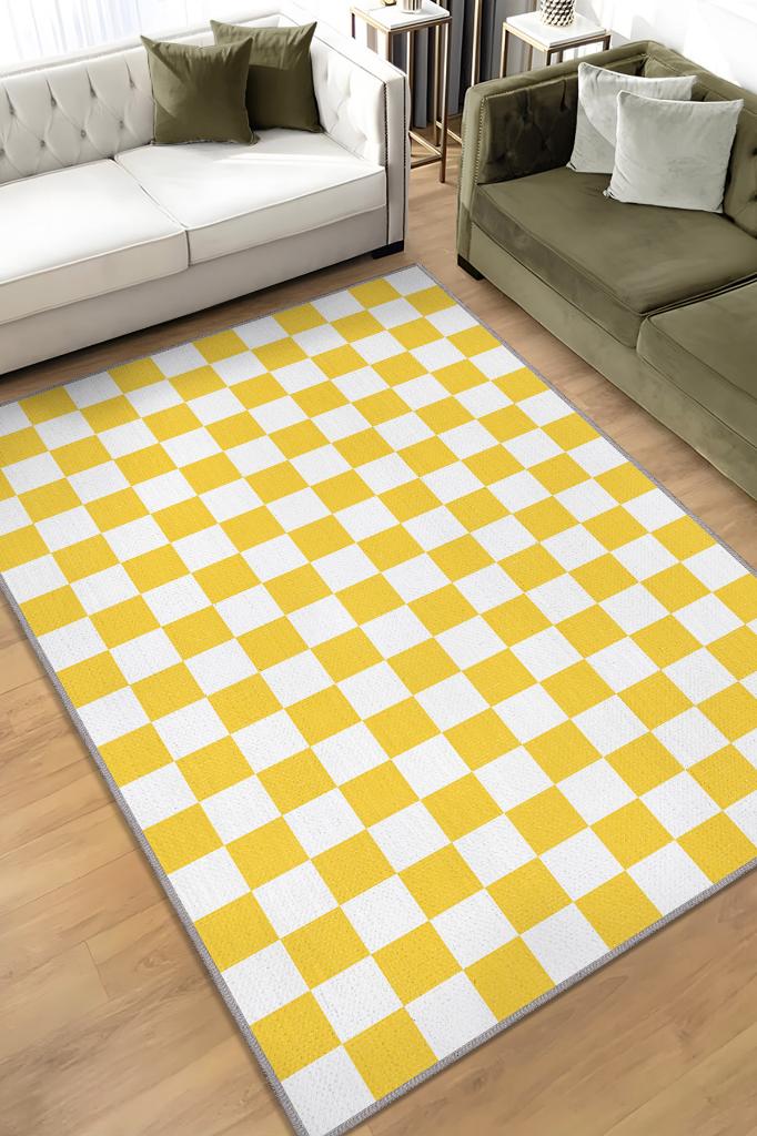 Minimalist Damalı Sarı Beyaz Halı Kareli Oturma Odası Halısı Retro Tarzı Salon Halısı