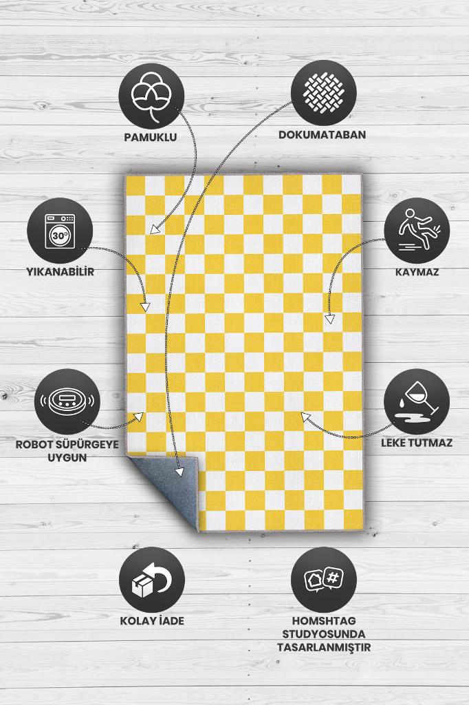 Minimalist Damalı Sarı Beyaz Halı Kareli Oturma Odası Halısı Retro Tarzı Salon Halısı