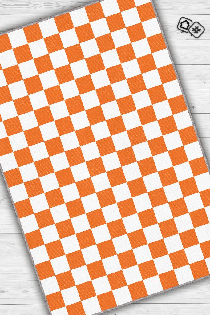 Minimalist Damalı Turuncu Beyaz Halı Kareli Oturma Odası Halısı Retro Tarzı Salon Halısı