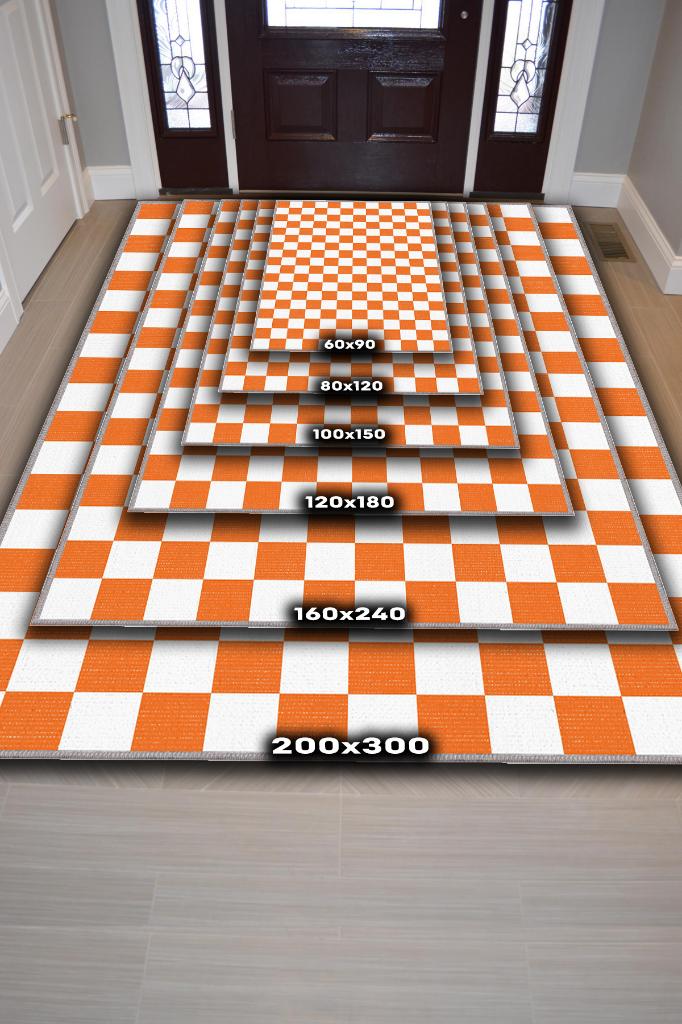 Minimalist Damalı Turuncu Beyaz Halı Kareli Oturma Odası Halısı Retro Tarzı Salon Halısı