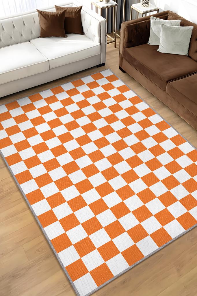 Minimalist Damalı Turuncu Beyaz Halı Kareli Oturma Odası Halısı Retro Tarzı Salon Halısı