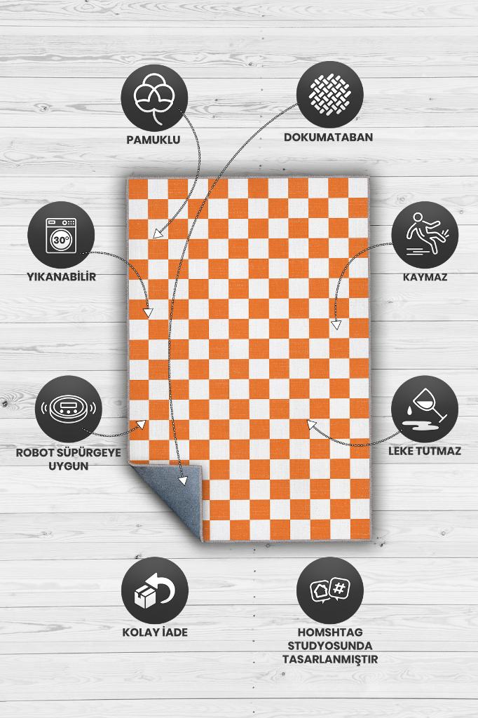 Minimalist Damalı Turuncu Beyaz Halı Kareli Oturma Odası Halısı Retro Tarzı Salon Halısı