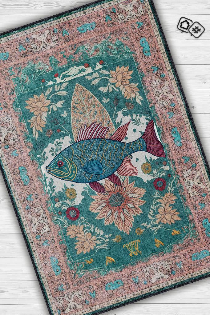 Nuh'un Gemisi Koleksiyonu Balık, Çiçek Desenli Art Deco Tarzı Vintage Halı,Çok Renkli Maksimalist Halı