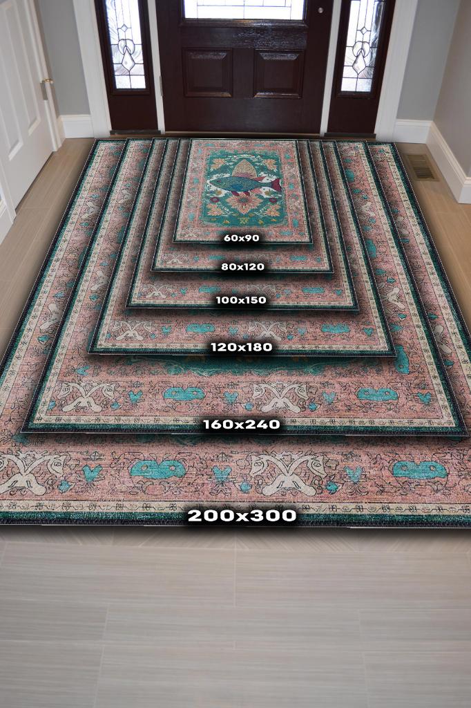 Nuh'un Gemisi Koleksiyonu Balık, Çiçek Desenli Art Deco Tarzı Vintage Halı,Çok Renkli Maksimalist Halı