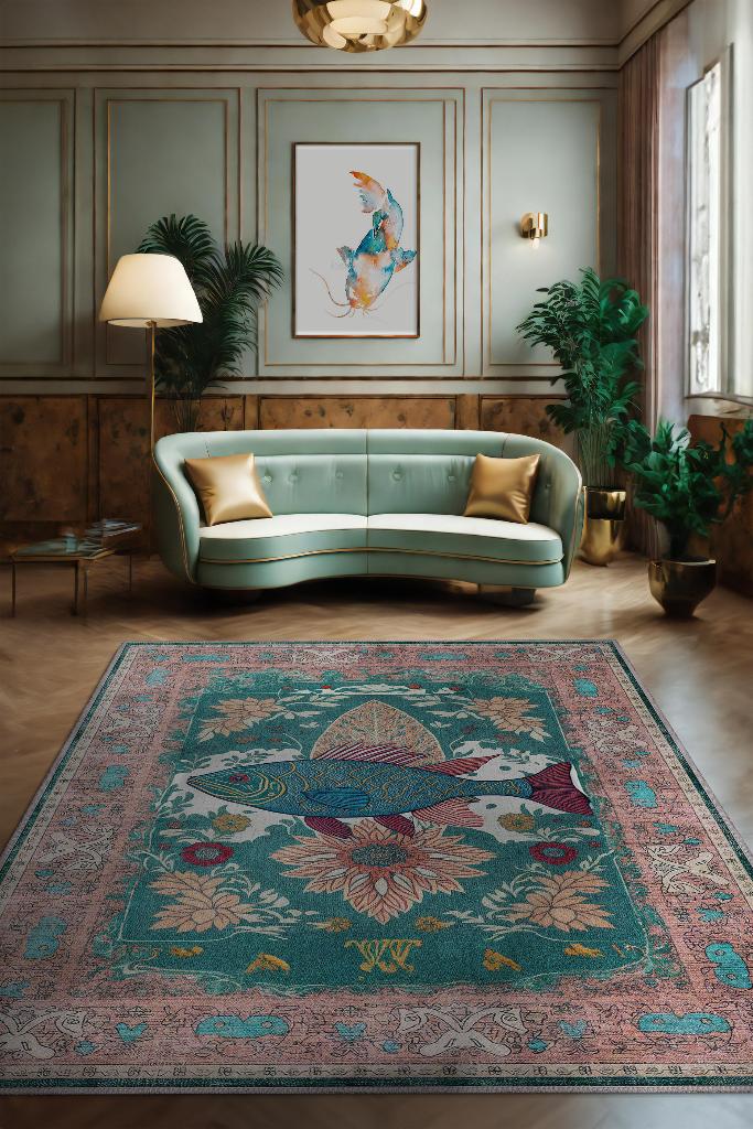 Nuh'un Gemisi Koleksiyonu Balık, Çiçek Desenli Art Deco Tarzı Vintage Halı,Çok Renkli Maksimalist Halı