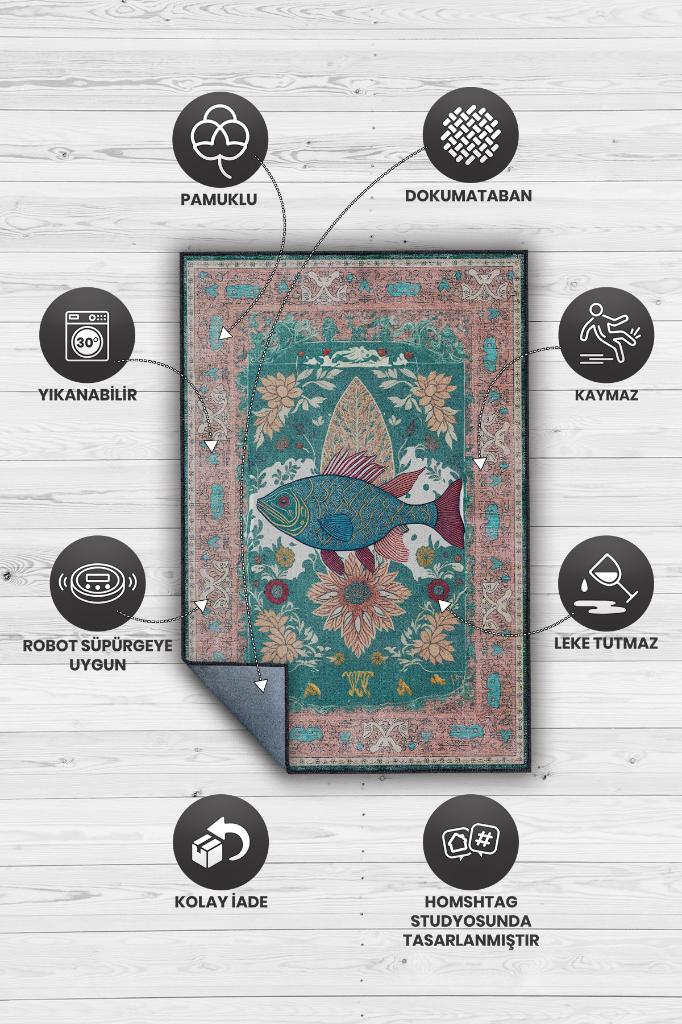 Nuh'un Gemisi Koleksiyonu Balık, Çiçek Desenli Art Deco Tarzı Vintage Halı,Çok Renkli Maksimalist Halı
