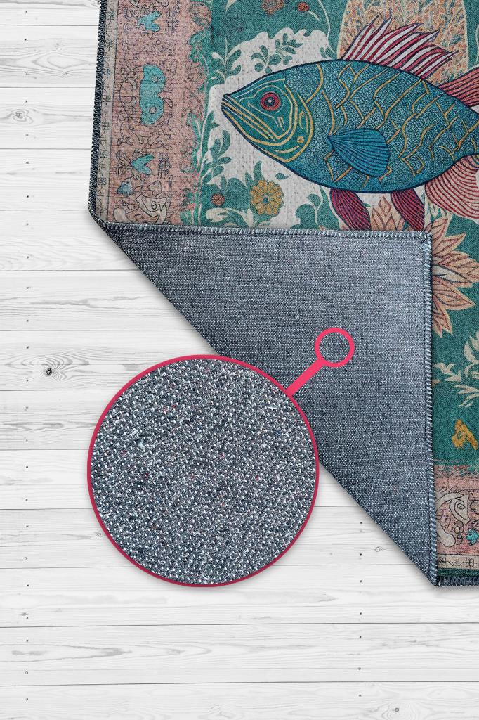 Nuh'un Gemisi Koleksiyonu Balık, Çiçek Desenli Art Deco Tarzı Vintage Halı,Çok Renkli Maksimalist Halı