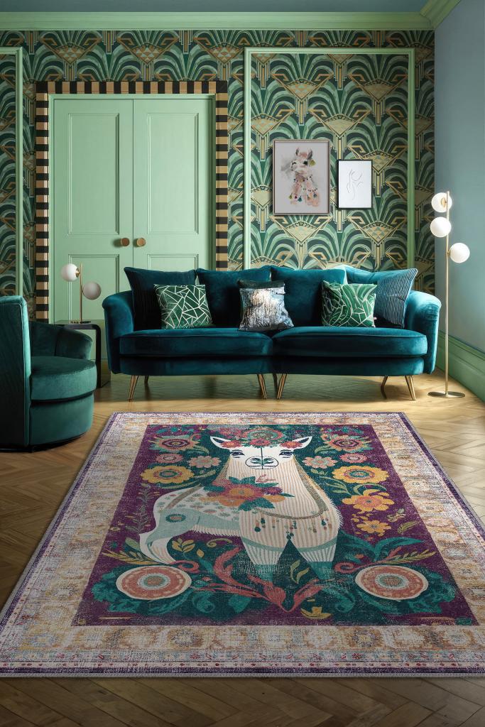 Nuh'un Gemisi Koleksiyonu Lama, Çiçek Desenli Art Deco Tarzı Vintage Halı,Çok Renkli Maksimalist Halı