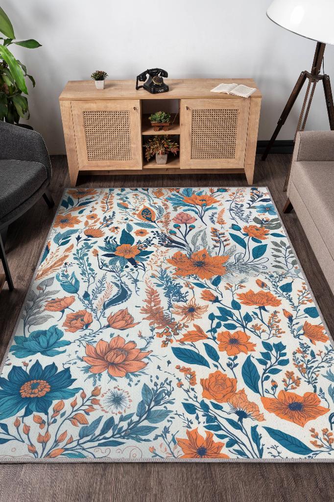 Sarmaşık Gibi Açık Renk Halı Çiçekli Salon Halısı Modern Oturma Odası Halı Şık Renkli Halı