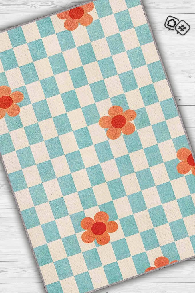 Umut Geometrik Halı Çiçek Desenli Salon Halısı Mavi Renkli Oturma Odası Halısı Kareli Halı