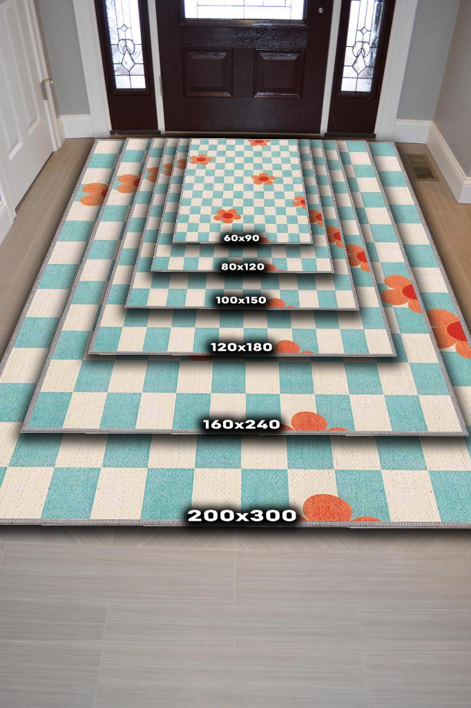 Umut Geometrik Halı Çiçek Desenli Salon Halısı Mavi Renkli Oturma Odası Halısı Kareli Halı