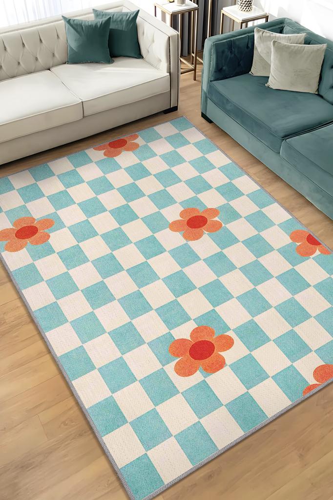 Umut Geometrik Halı Çiçek Desenli Salon Halısı Mavi Renkli Oturma Odası Halısı Kareli Halı