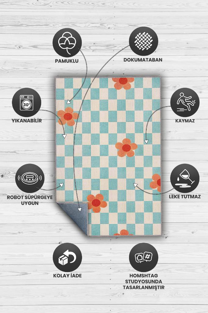 Umut Geometrik Halı Çiçek Desenli Salon Halısı Mavi Renkli Oturma Odası Halısı Kareli Halı