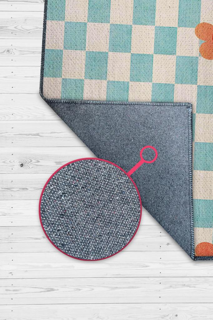 Umut Geometrik Halı Çiçek Desenli Salon Halısı Mavi Renkli Oturma Odası Halısı Kareli Halı