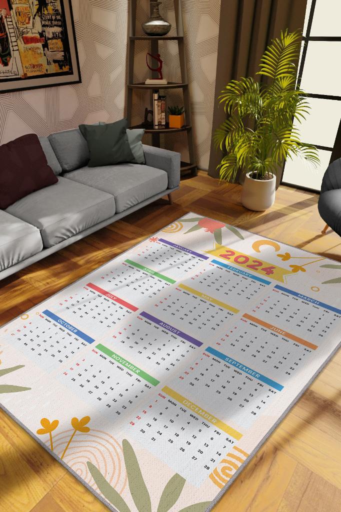 Yeni Yıl Takvimi Krem Renkli Yeni Yıl Parti Halısı Minimal Yılbaşı Temalı Hediyelik Halı