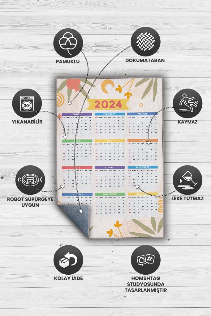 Yeni Yıl Takvimi Krem Renkli Yeni Yıl Parti Halısı Minimal Yılbaşı Temalı Hediyelik Halı