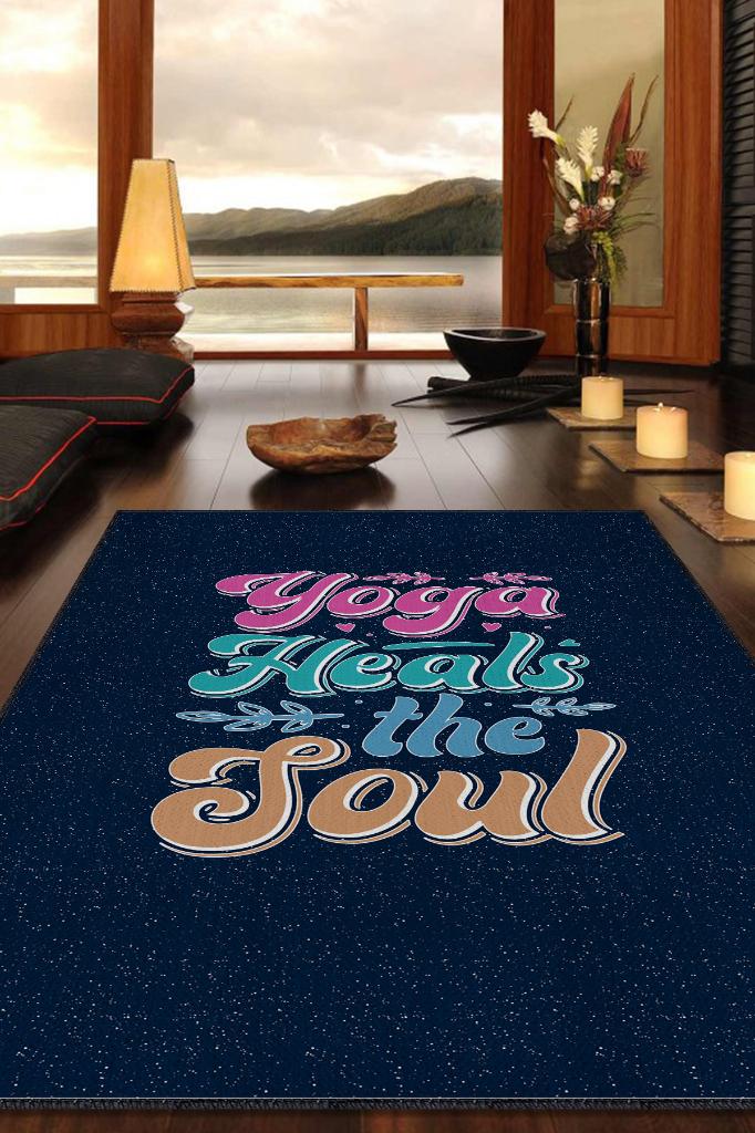 Yoga İyi Eder Lacivert Halı Renkli Meditasyon Halısı Özel Tasarım Neon Halı Hediyelik Halı