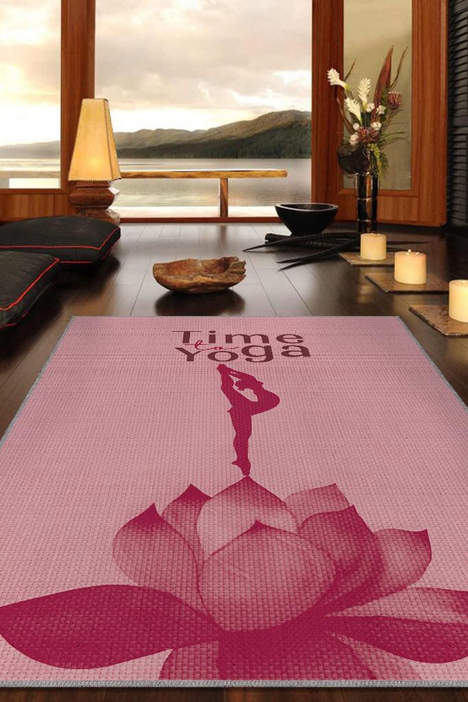 Yoga Zamanı Mor Renkli Halı Bordürlü Renkli Yoga Sever Halısı Renkli Hediyelik Halı