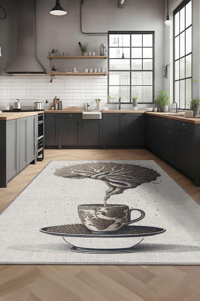 Yükleniyor Bej Kahve Renkli Halı Dekoratif Mutfak Halısı Minimal Kahve Sever Halısı