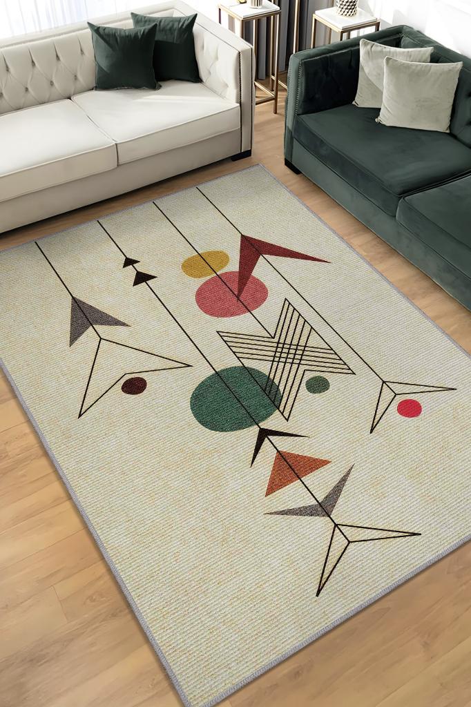 Yüksel, Yazılı Minimalist Geometrik Şekilli Oturma Odası Halısı, Krem Renkli Geometrik Desenli Halı, Sade ve Şık Pamuklu Dokuma Tabanlı Yıkanabilir Dekoratif Home Salon Halısı