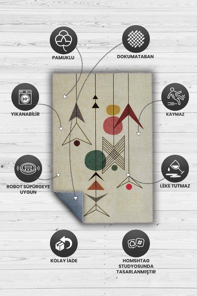 Yüksel, Yazılı Minimalist Geometrik Şekilli Oturma Odası Halısı, Krem Renkli Geometrik Desenli Halı, Sade ve Şık Pamuklu Dokuma Tabanlı Yıkanabilir Dekoratif Home Salon Halısı