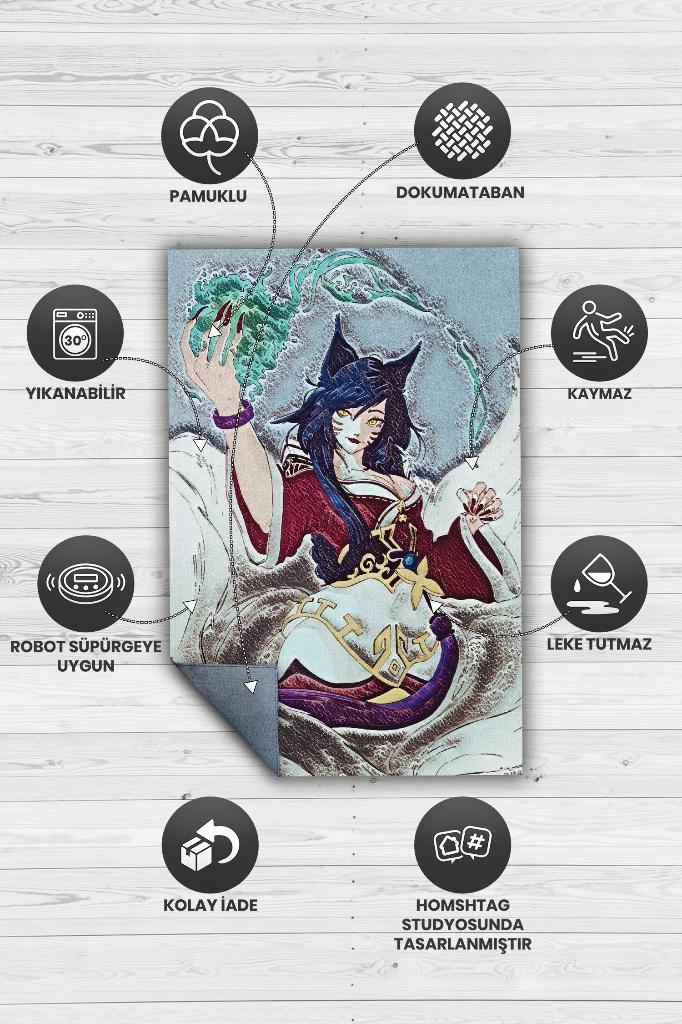 Ahri Çok Renkli Oyuncu Halısı Zemini Gri Renk Gamer Temalı League Of Legends Hediyelik Halı
