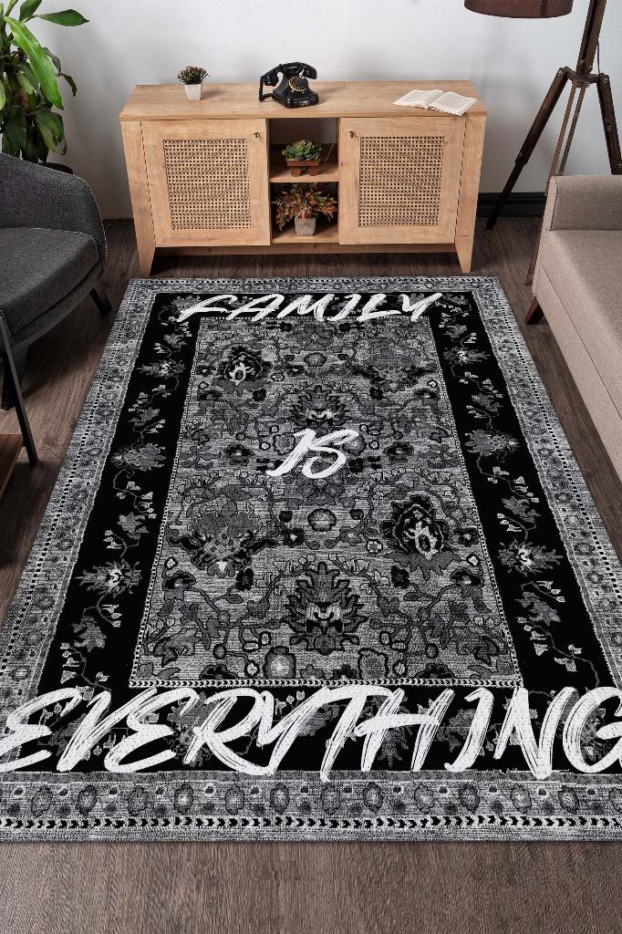 Aile Herşeydir Siyah Gri Renkli Halı Etnik Desenli Salon Halısı Çiçekli Dekoratif Halı