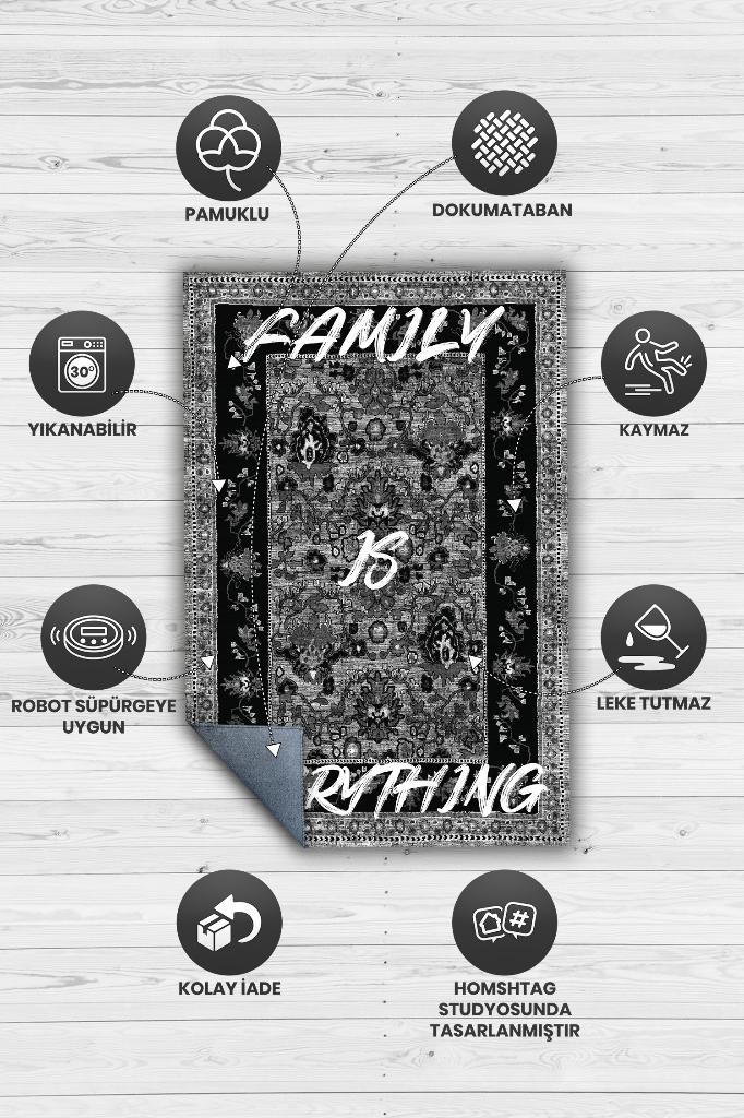 Aile Herşeydir Siyah Gri Renkli Halı Etnik Desenli Salon Halısı Çiçekli Dekoratif Halı