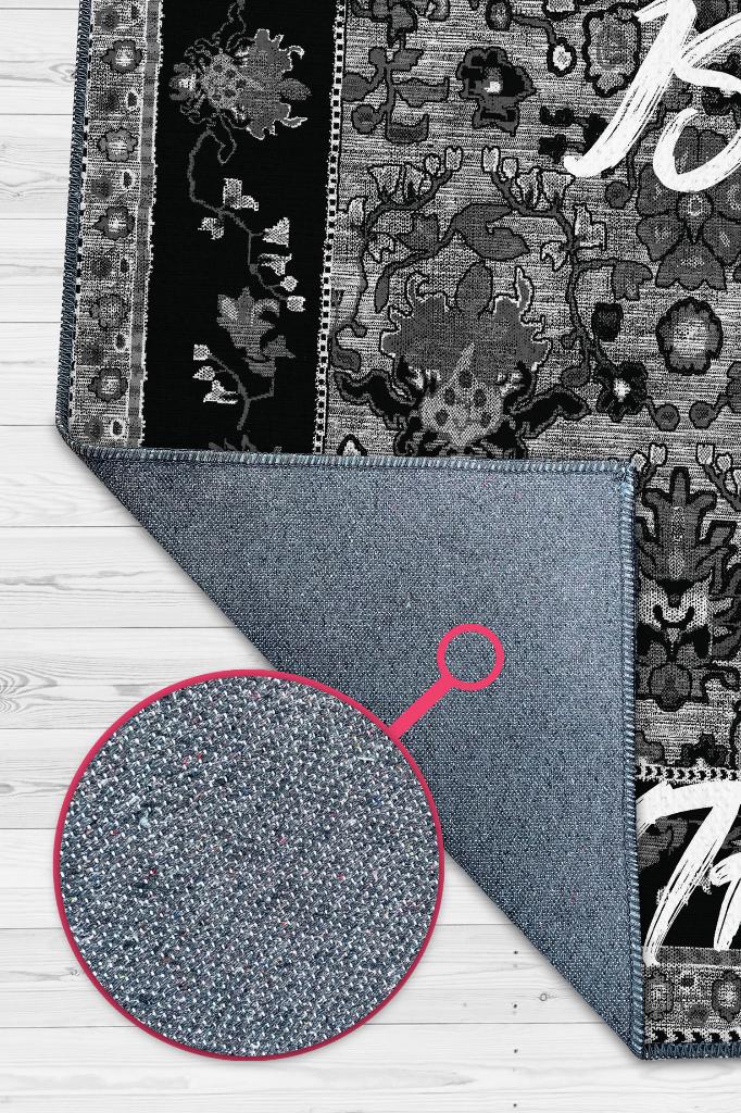 Aile Herşeydir Siyah Gri Renkli Halı Etnik Desenli Salon Halısı Çiçekli Dekoratif Halı