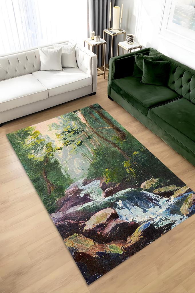 Akarsu Çok Renkli Halı Manzara Temalı Figürlü Salon Halısı Dijital Baskılı Tasarım Halı