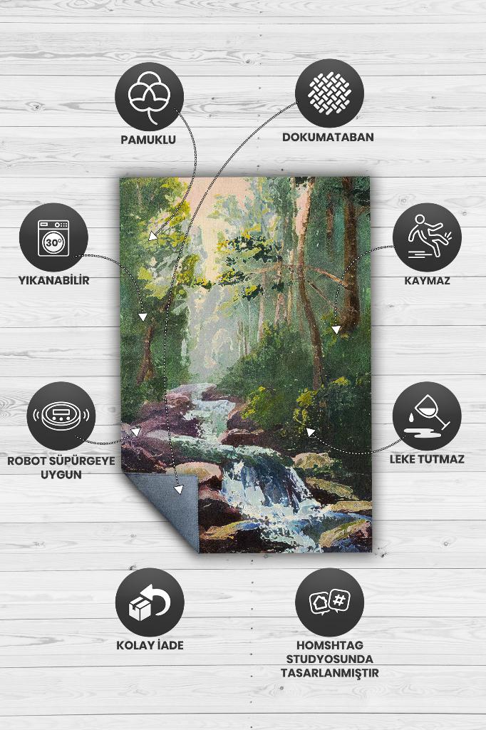 Akarsu Çok Renkli Halı Manzara Temalı Figürlü Salon Halısı Dijital Baskılı Tasarım Halı