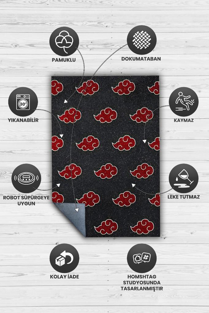 Akatsuki Clan Kırmızı Siyah Renkli Halı Anime Sever Hediyelik Halı Dokuma Anime Halısı