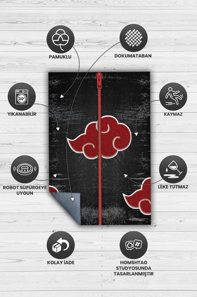 Akatsuki Kırmızı Siyah Renkli Halı Modern Halı Desenli Anime Sever Halı Hediyelik Halı