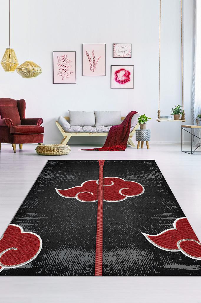 Akatsuki Kırmızı Siyah Renkli Halı Modern Halı Desenli Anime Sever Halı Hediyelik Halı