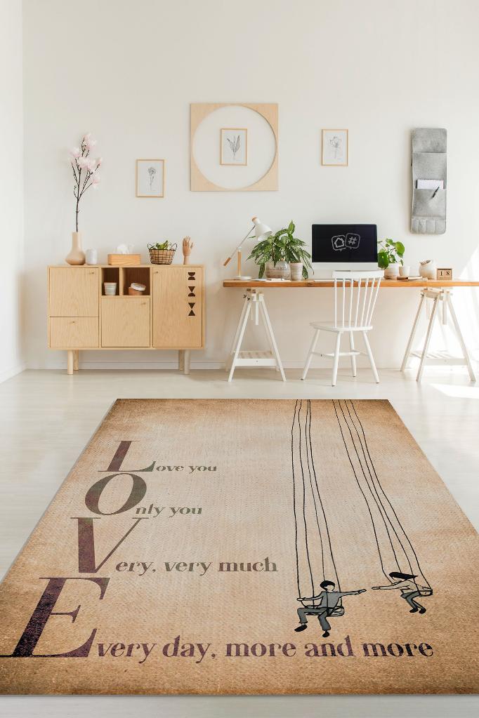 Akrostiş Sevgi Halısı Bej Renk Hediyelik Sevgiliye Özel Halı Figürlü Sevgili Temalı Halı