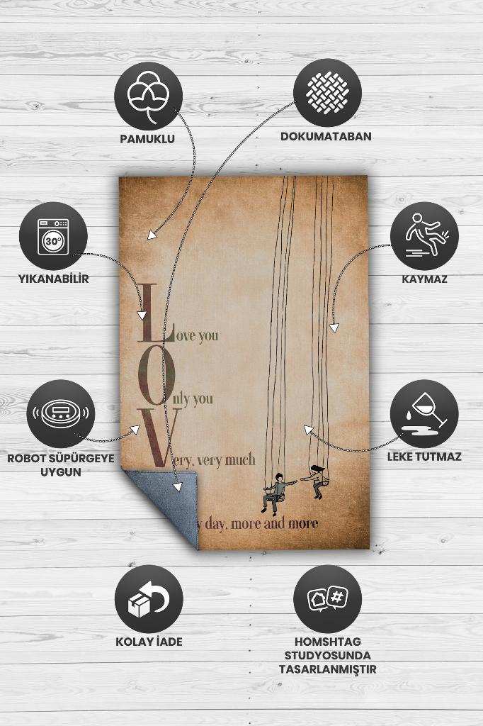 Akrostiş Sevgi Halısı Bej Renk Hediyelik Sevgiliye Özel Halı Figürlü Sevgili Temalı Halı