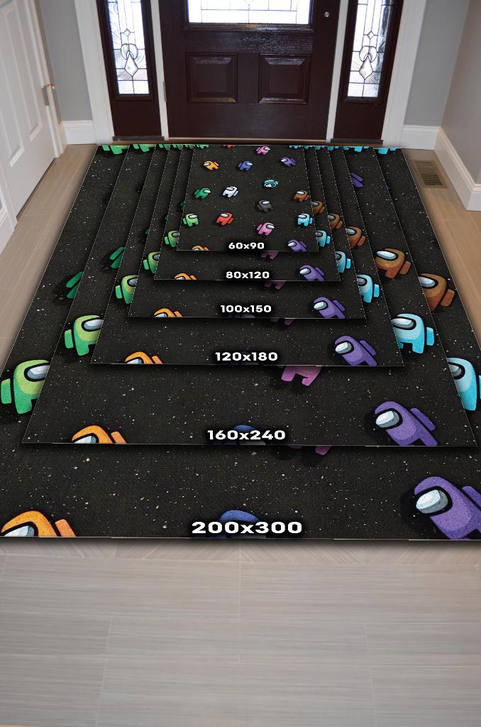 Aramızda Çok Renkli Oyuncu Halısı Zemini Siyah Gamer Temalı Among Us Sever Hediyelik Halı