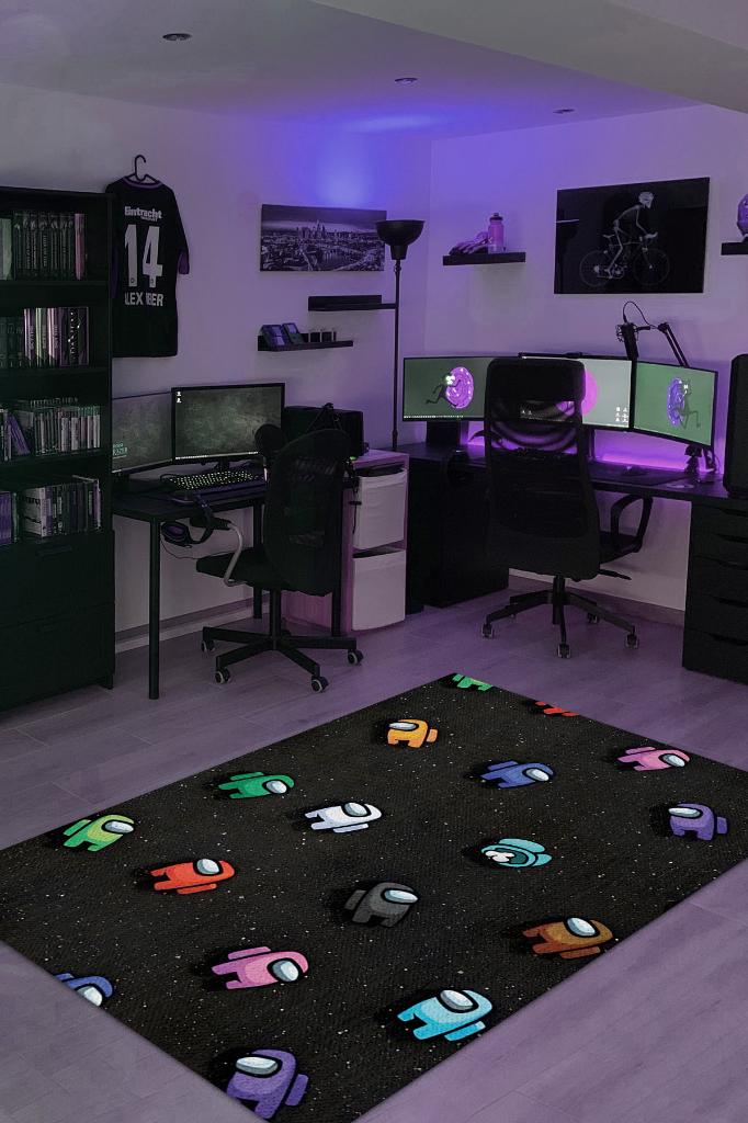 Aramızda Çok Renkli Oyuncu Halısı Zemini Siyah Gamer Temalı Among Us Sever Hediyelik Halı
