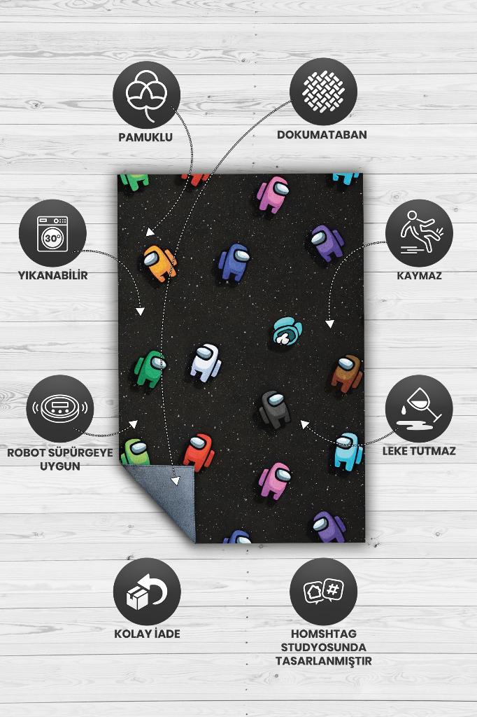 Aramızda Çok Renkli Oyuncu Halısı Zemini Siyah Gamer Temalı Among Us Sever Hediyelik Halı