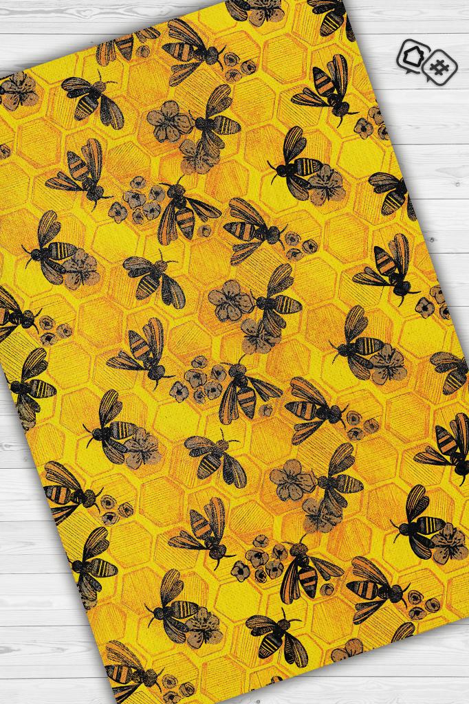 Homshtag Arı Kovanı Dokuma Tabanlı Yıkanabilir Sarı Renkli Halı Hayvan Baskılı Renkli Mutfak Halısı