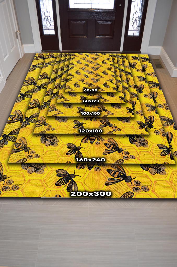 Homshtag Arı Kovanı Dokuma Tabanlı Yıkanabilir Sarı Renkli Halı Hayvan Baskılı Renkli Mutfak Halısı