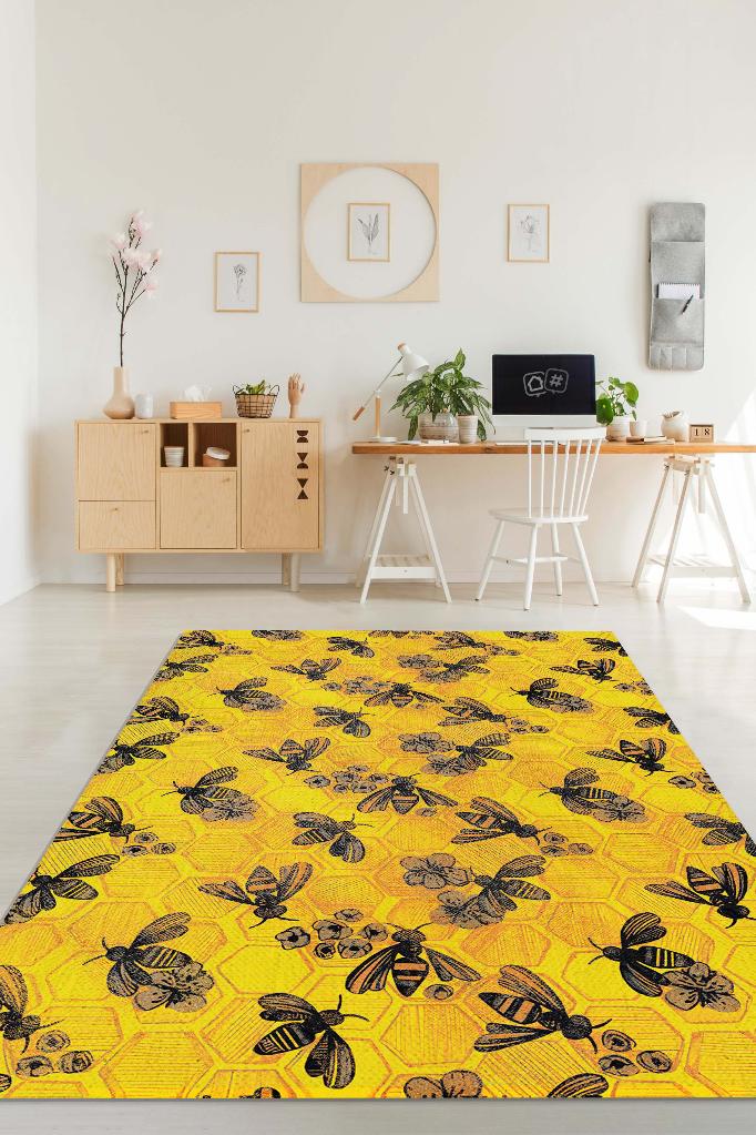 Homshtag Arı Kovanı Dokuma Tabanlı Yıkanabilir Sarı Renkli Halı Hayvan Baskılı Renkli Mutfak Halısı