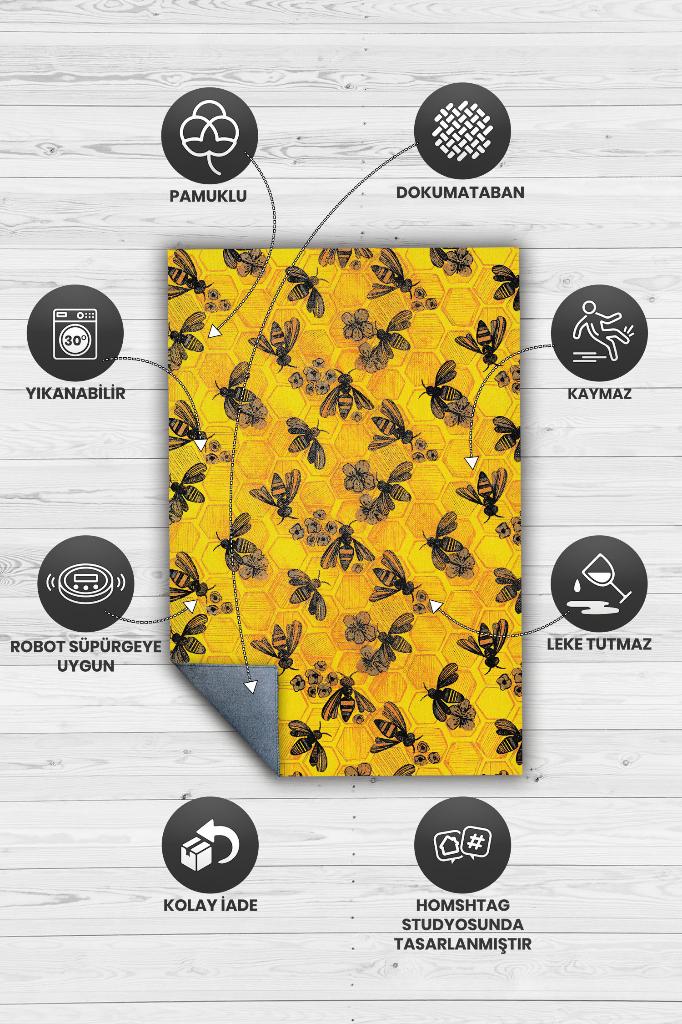 Homshtag Arı Kovanı Dokuma Tabanlı Yıkanabilir Sarı Renkli Halı Hayvan Baskılı Renkli Mutfak Halısı