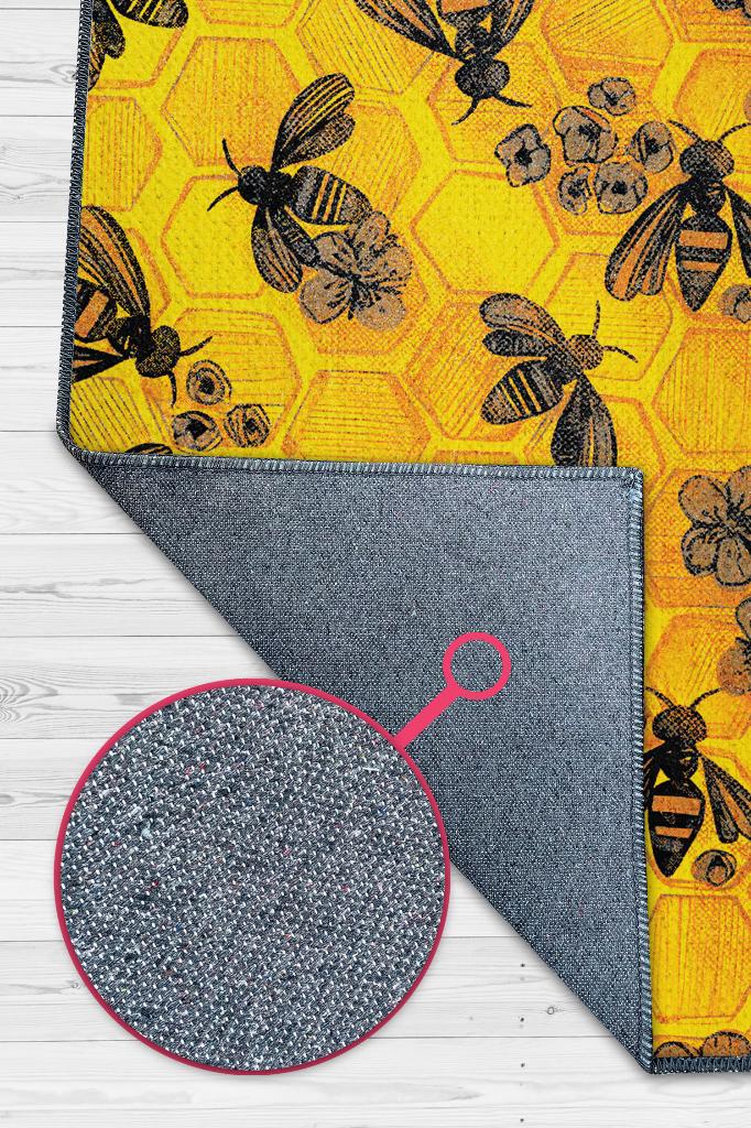 Homshtag Arı Kovanı Dokuma Tabanlı Yıkanabilir Sarı Renkli Halı Hayvan Baskılı Renkli Mutfak Halısı