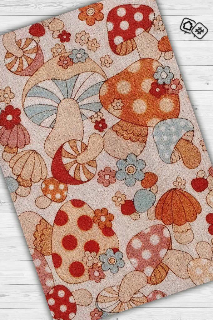 Homshtag Art Deco Çok Renkli Mantarlı Mutfak Halısı Pembe Mantar Baskılı Özel Tasarım Halı