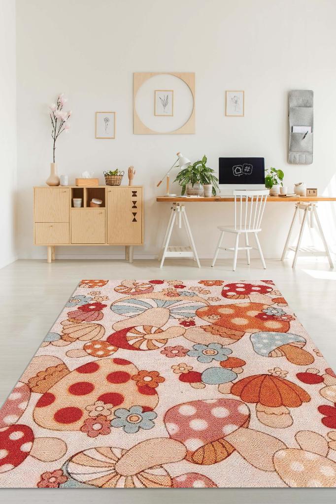 Homshtag Art Deco Çok Renkli Mantarlı Mutfak Halısı Pembe Mantar Baskılı Özel Tasarım Halı